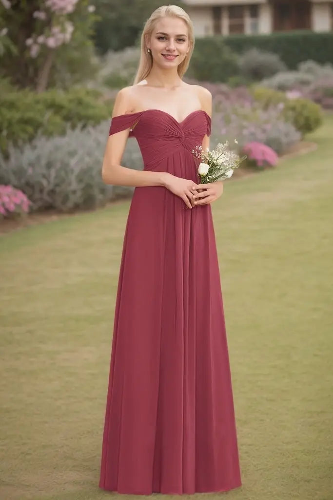 A-Line/Princess Chiffon Ruched Off-The-Shoulder Sleeveless Floor-Length Bridesmaid Dresses