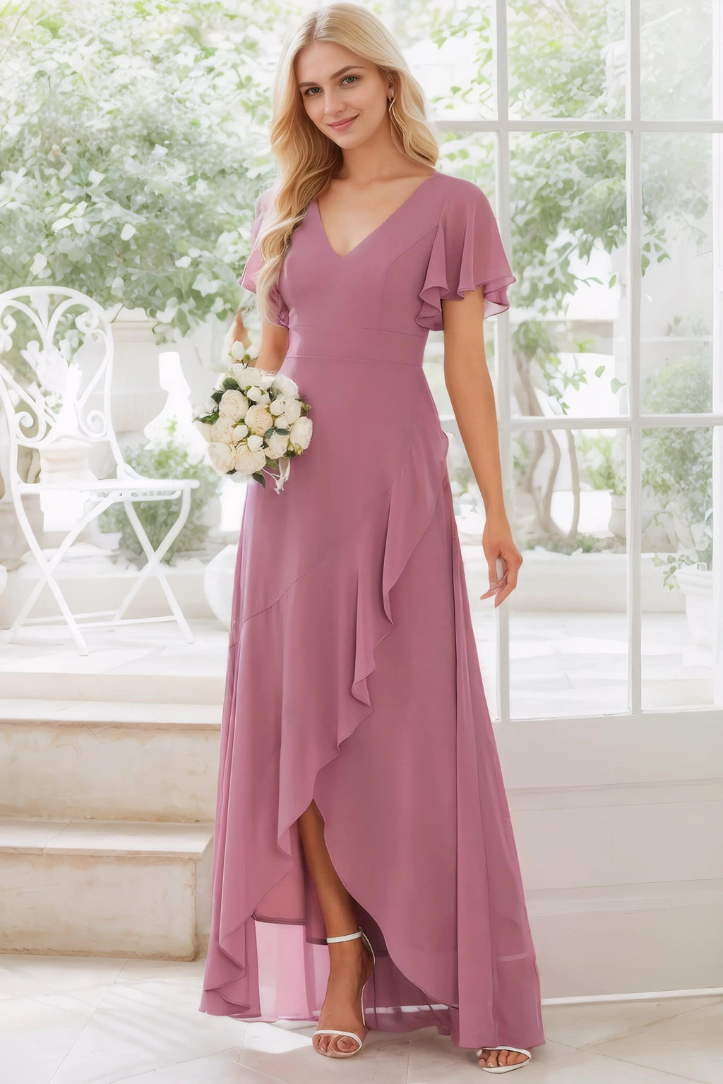 A-Line/Princess Chiffon Ruffles V-neck Short Sleeves Asymmetrical Bridesmaid Dresses