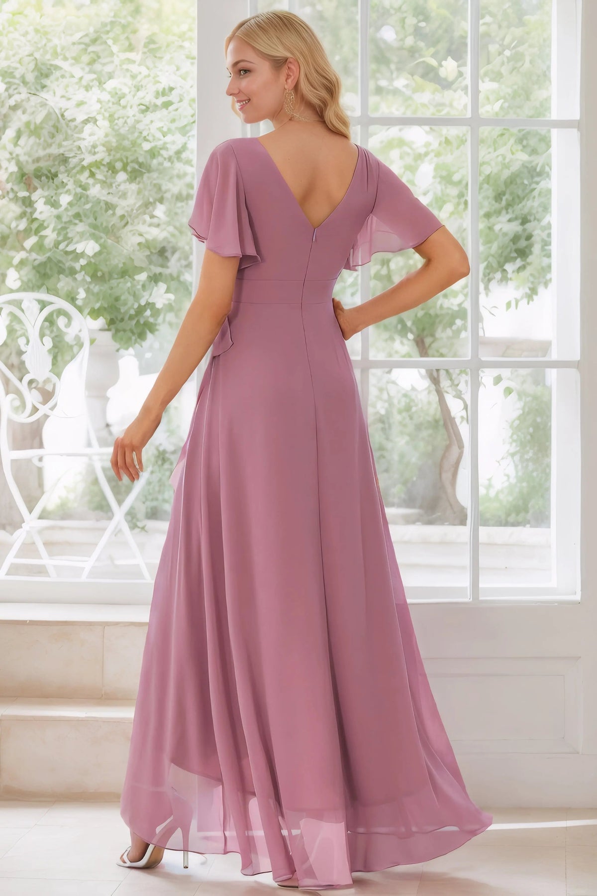 A-Line/Princess Chiffon Ruffles V-neck Short Sleeves Asymmetrical Bridesmaid Dresses