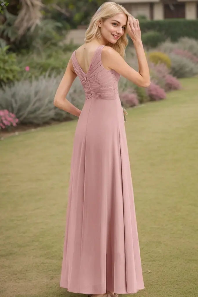 A-Line/Princess Chiffon Ruched V-neck Sleeveless Floor-Length Bridesmaid Dresses