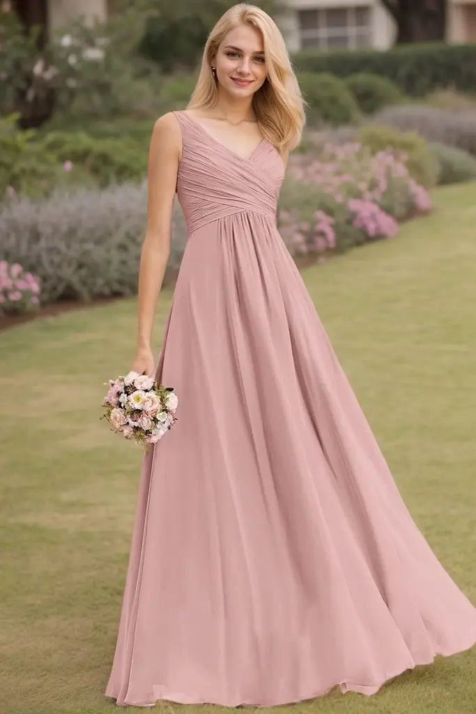 A-Line/Princess Chiffon Ruched V-neck Sleeveless Floor-Length Bridesmaid Dresses