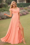 A-Line/Princess Chiffon Ruffles V-neck Sleeveless Floor-Length Bridesmaid Dresses