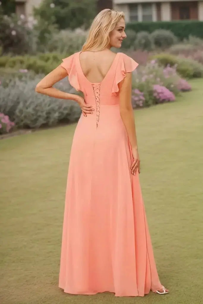A-Line/Princess Chiffon Ruffles V-neck Sleeveless Floor-Length Bridesmaid Dresses