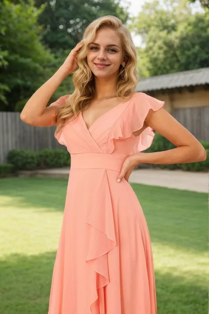 A-Line/Princess Chiffon Ruffles V-neck Sleeveless Floor-Length Bridesmaid Dresses