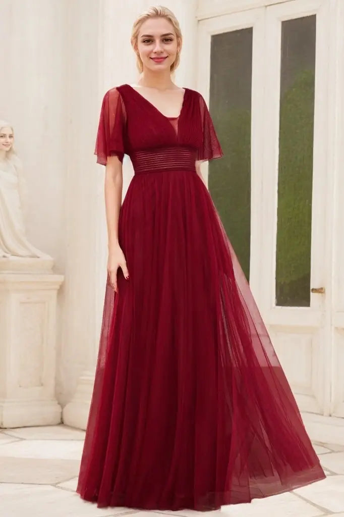 A-Line/Princess Tulle Ruffles V-neck Short Sleeves Floor-Length Bridesmaid Dresses