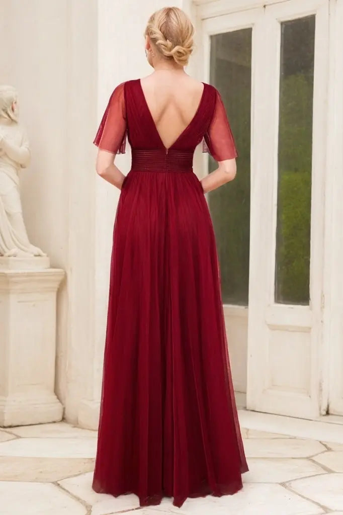 A-Line/Princess Tulle Ruffles V-neck Short Sleeves Floor-Length Bridesmaid Dresses