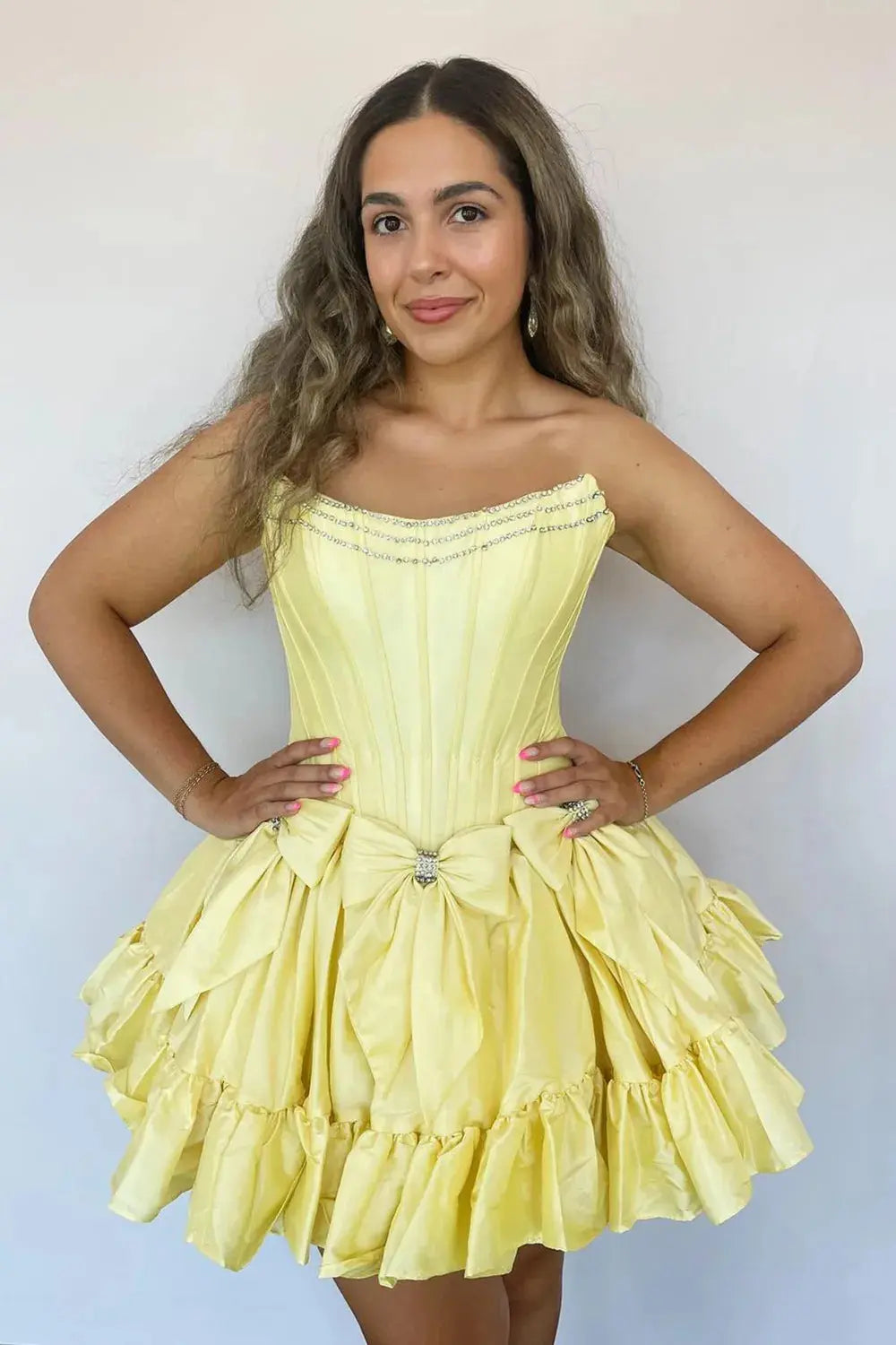 A-line Strapless Taffeta Corset Short Homecoming Dress With Beading Bows