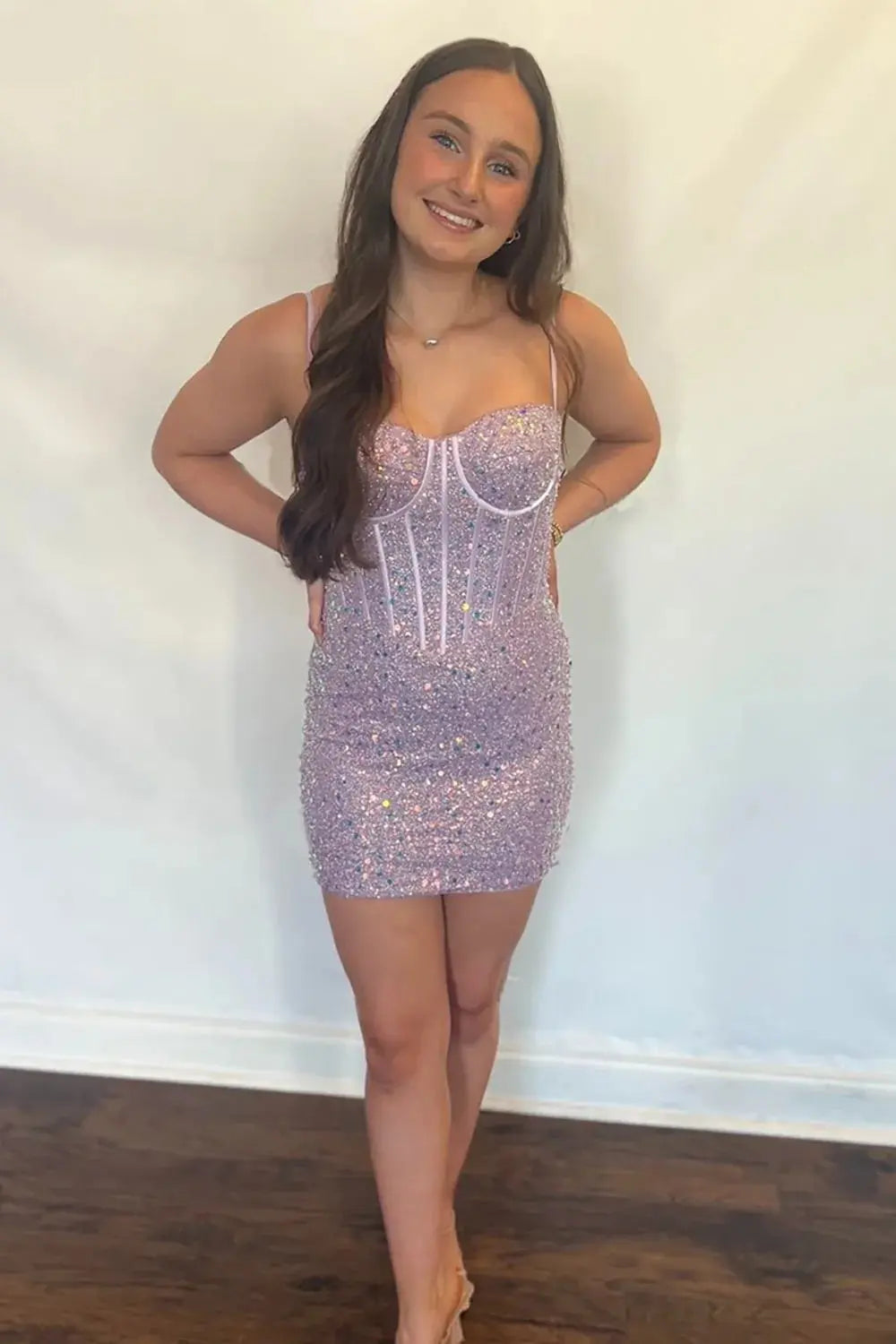 Sparkly Fuchsia Spaghetti Straps Sequins Bodycon Short Corset Homecoming Dress