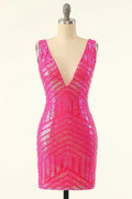 Fuchsia Sequins Dresses V-Neck Tight Homecoming Dress