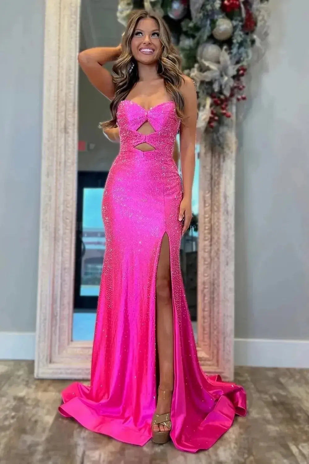 Mermaid Glitter Yellow Sweetheart Cut-out Long Prom Dress with Beading