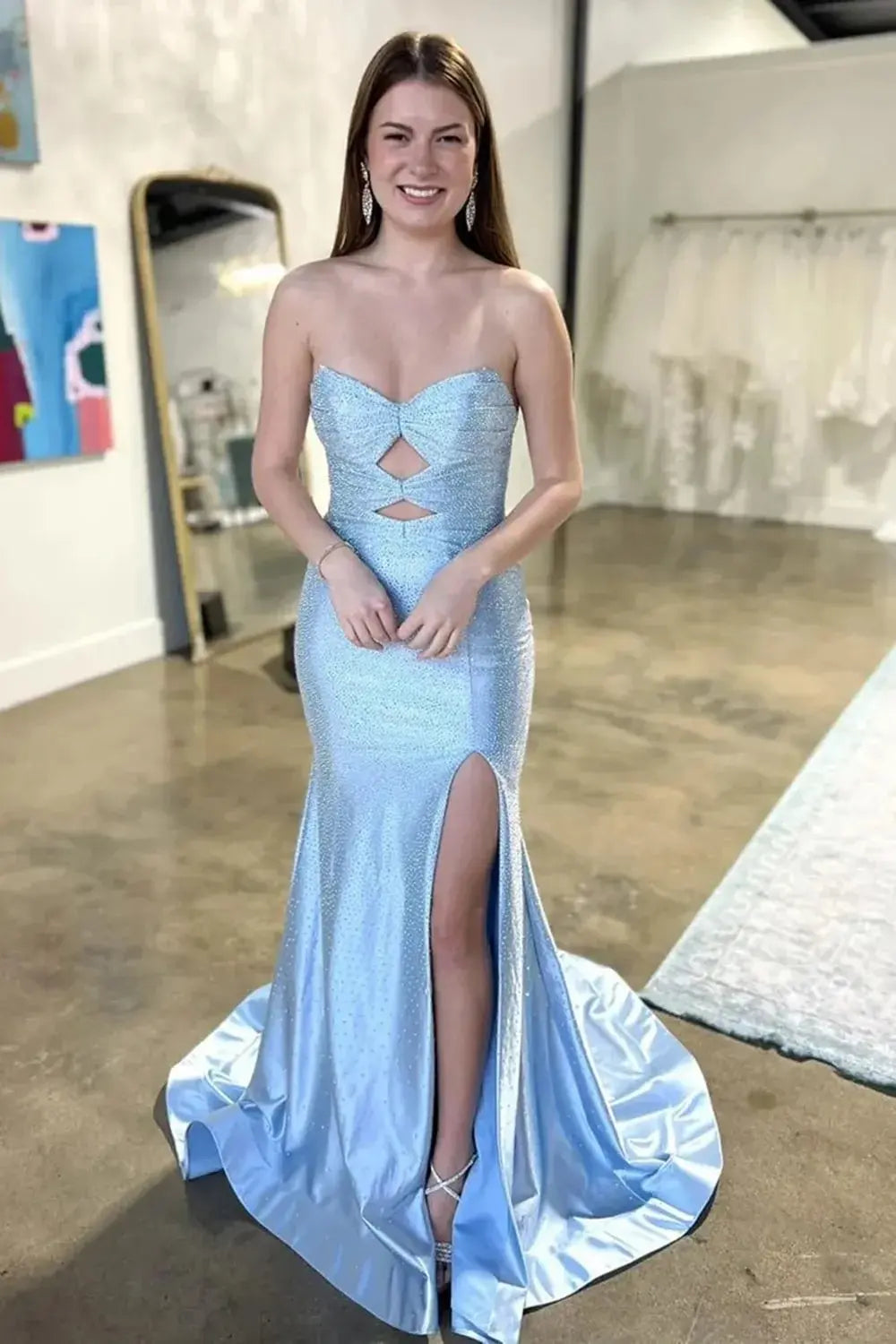 Mermaid Glitter Yellow Sweetheart Cut-out Long Prom Dress with Beading