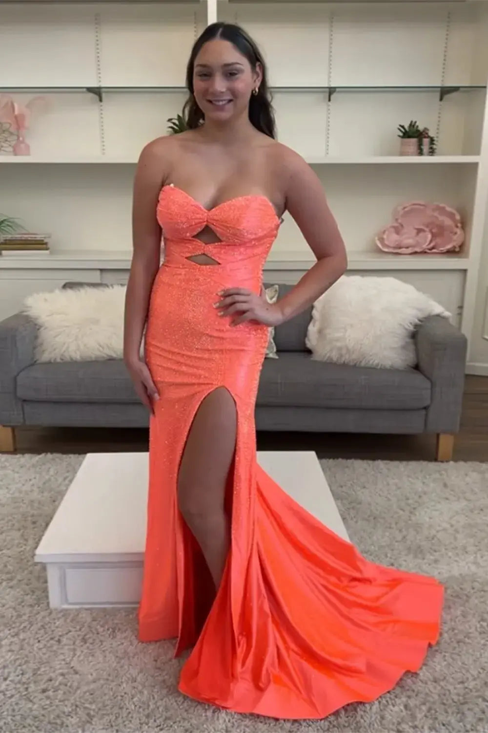 Mermaid Glitter Yellow Sweetheart Cut-out Long Prom Dress with Beading