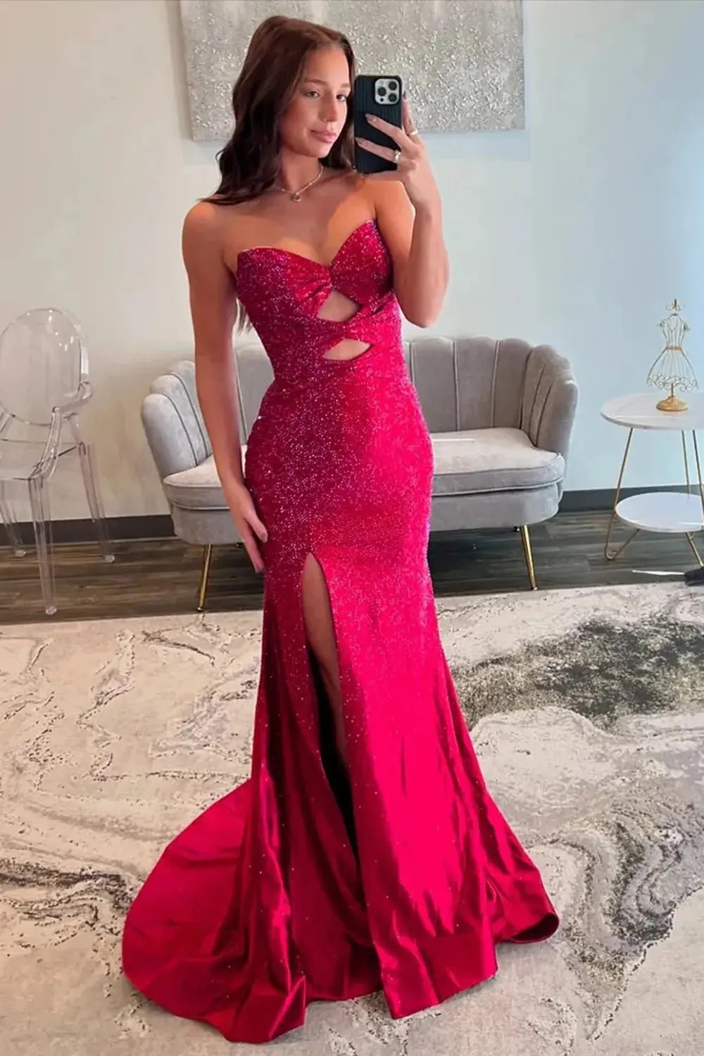 Mermaid Glitter Yellow Sweetheart Cut-out Long Prom Dress with Beading
