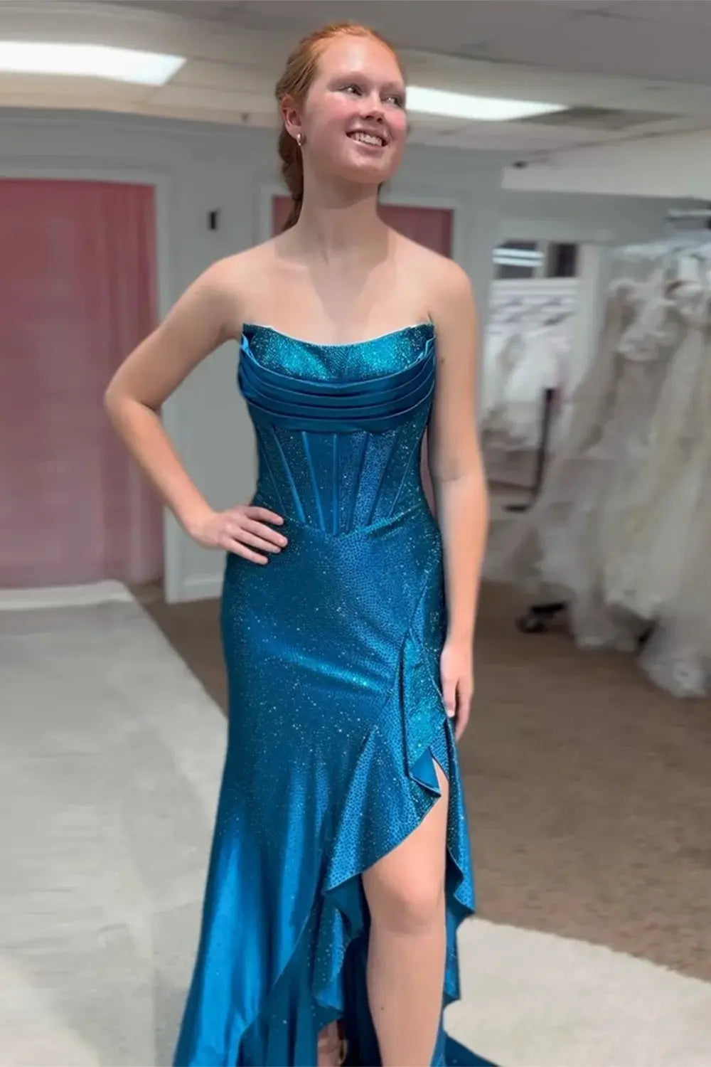 Mermaid Sparkly Orange Strapless Beaded Long Corset Prom Dress with Ruffles