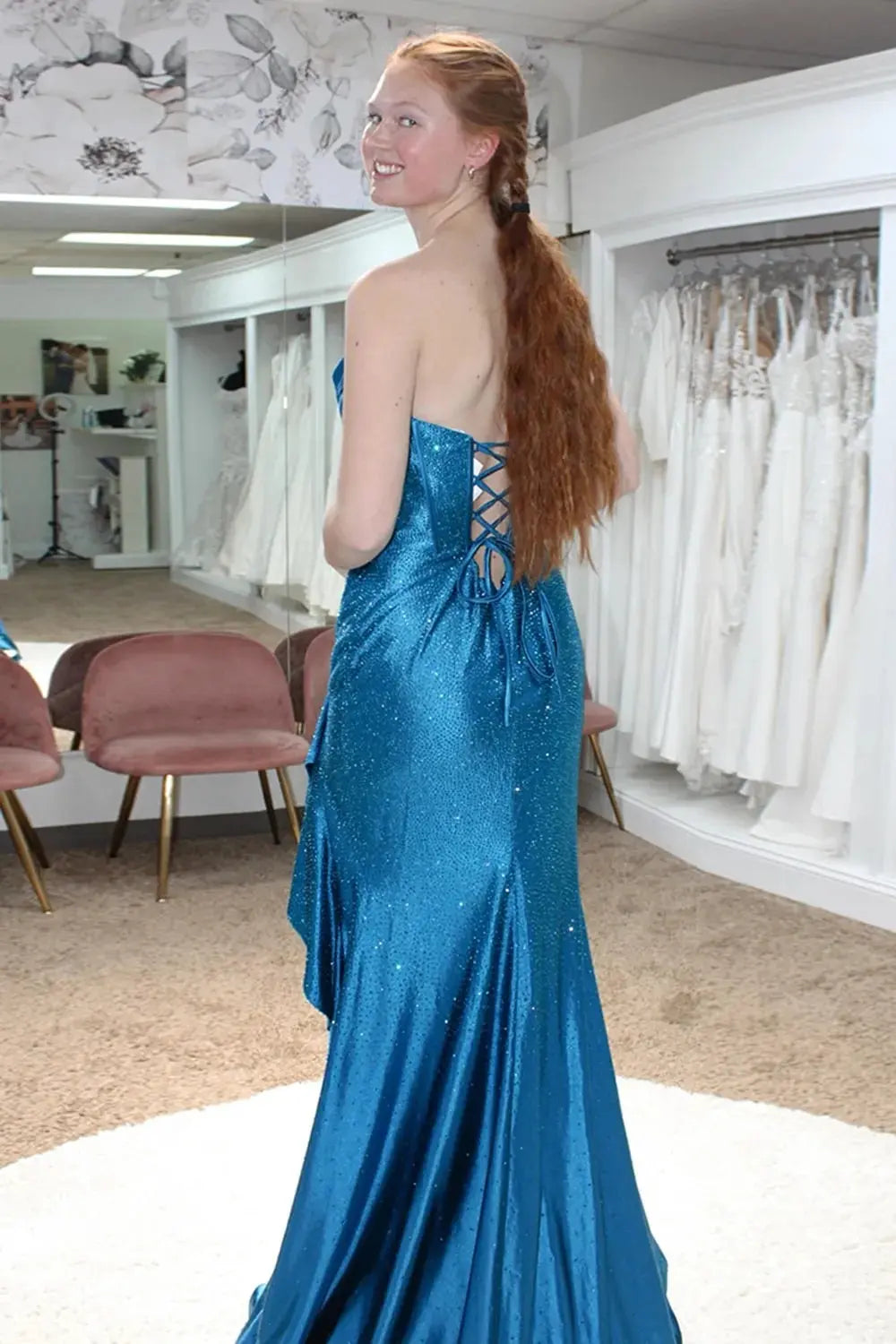 Mermaid Sparkly Orange Strapless Beaded Long Corset Prom Dress with Ruffles