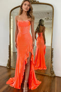 Mermaid Sparkly Orange Strapless Beaded Long Corset Prom Dress with Ruffles