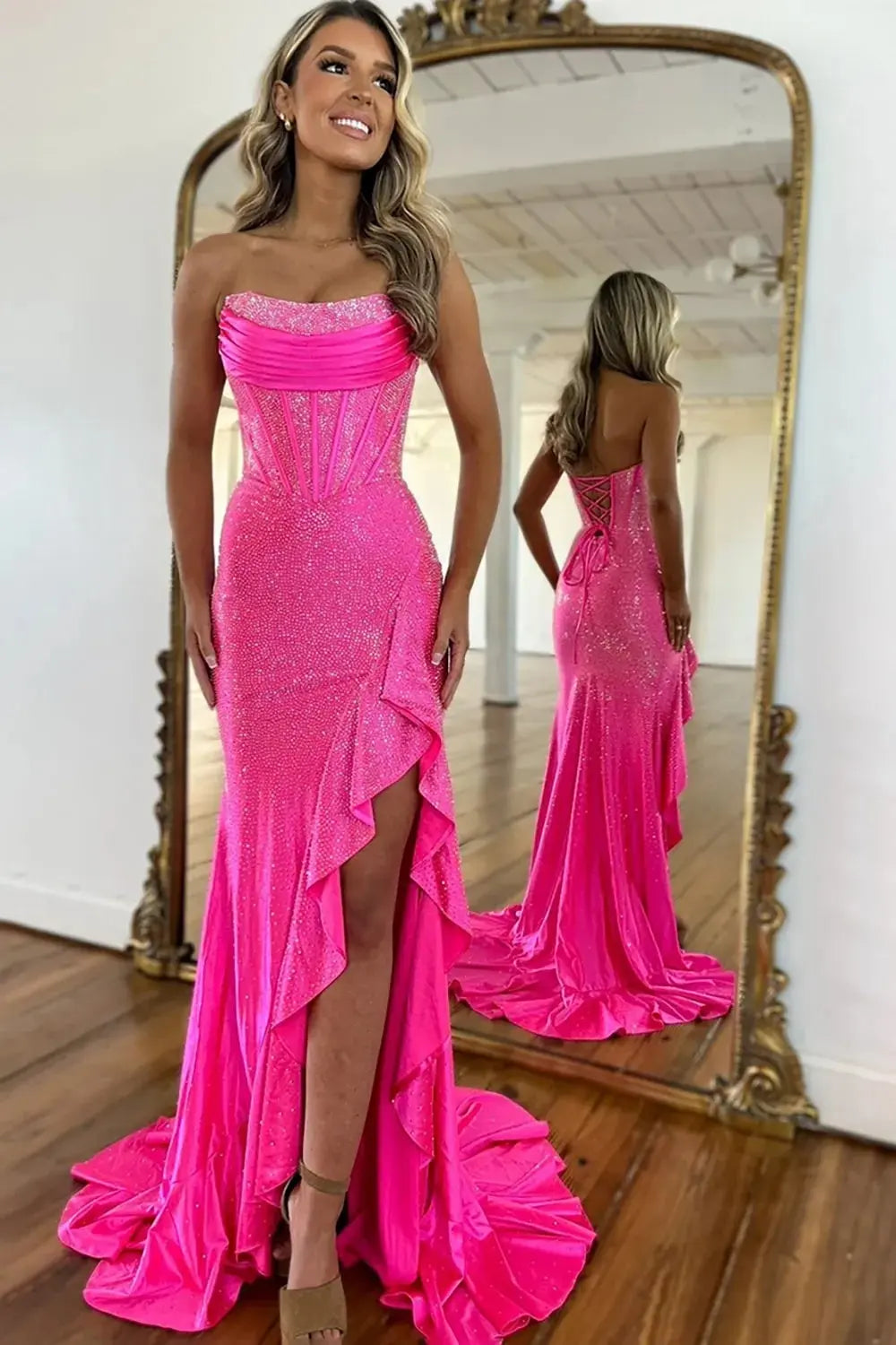 Mermaid Sparkly Orange Strapless Beaded Long Corset Prom Dress with Ruffles