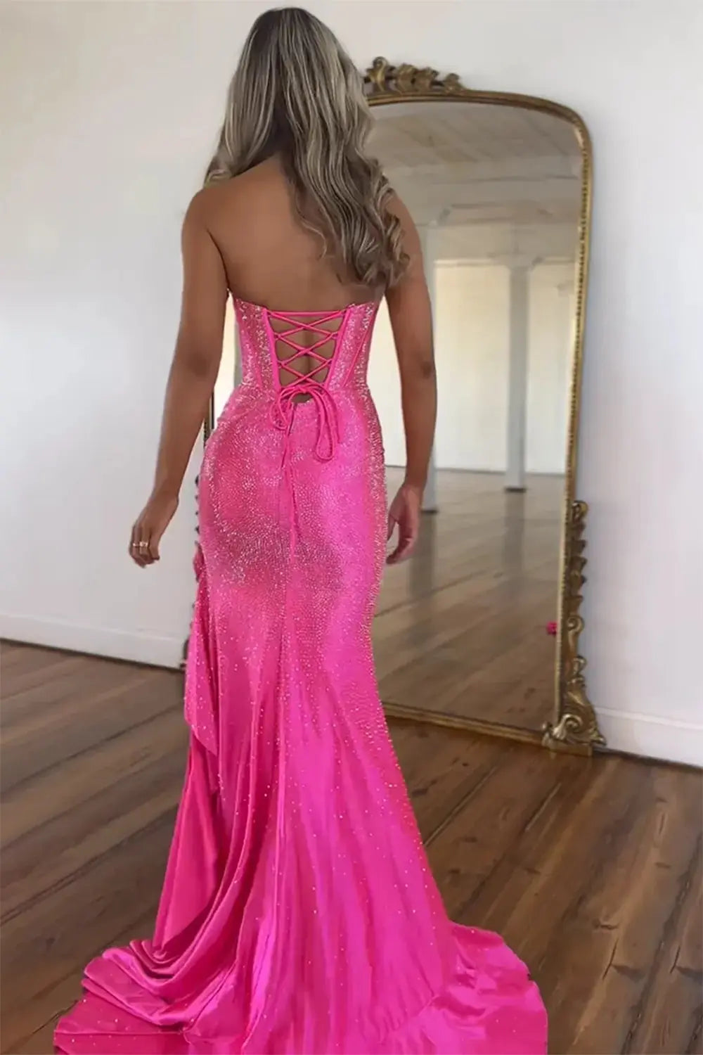 Mermaid Sparkly Orange Strapless Beaded Long Corset Prom Dress with Ruffles