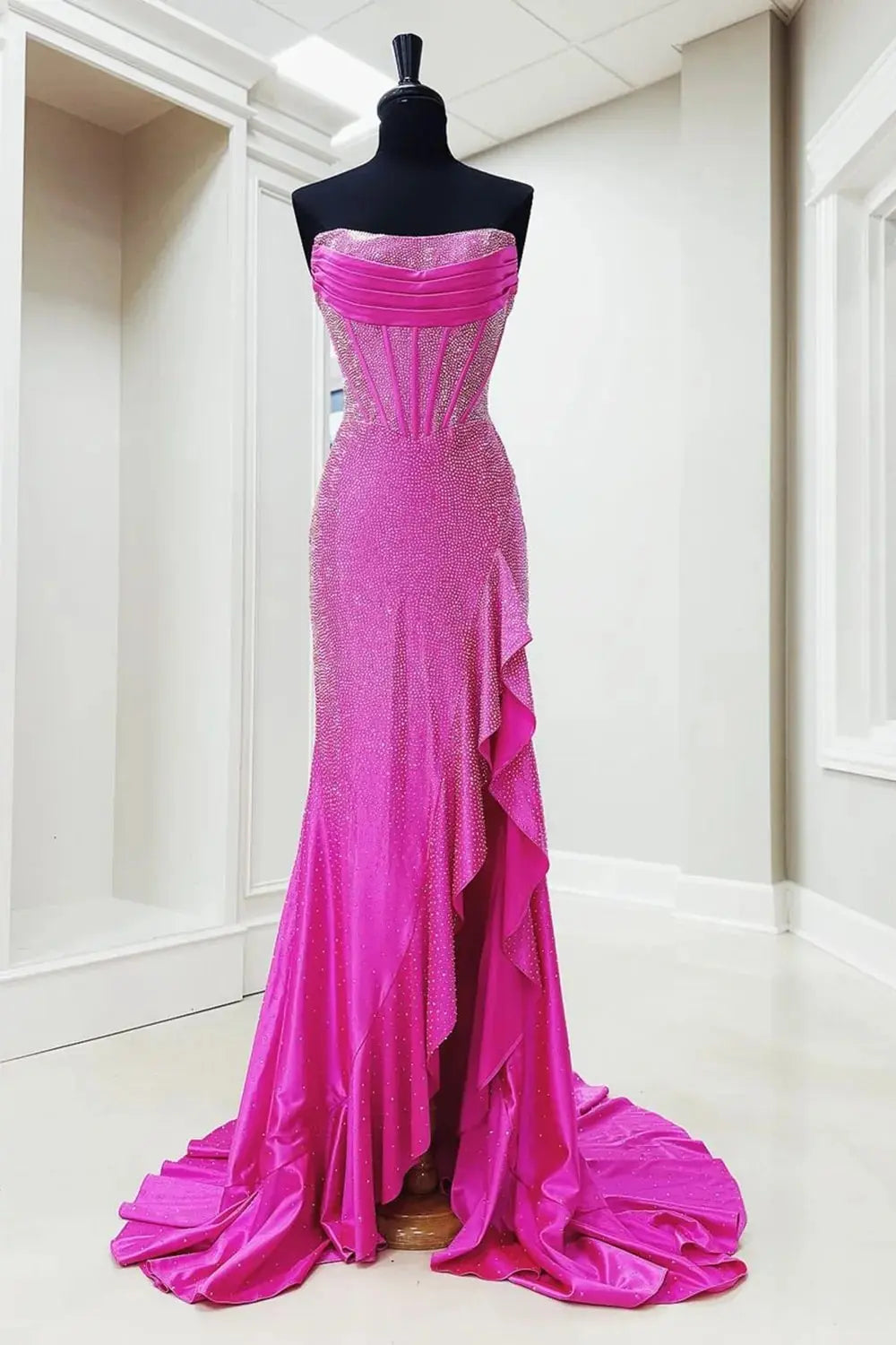 Mermaid Sparkly Orange Strapless Beaded Long Corset Prom Dress with Ruffles