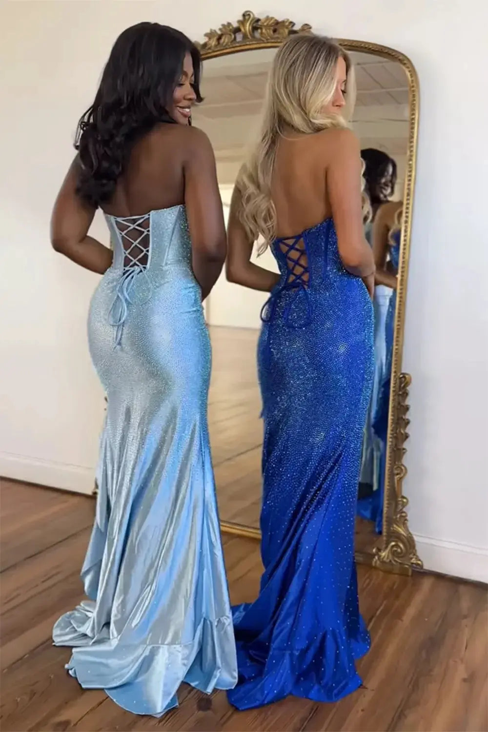 Mermaid Sparkly Orange Strapless Beaded Long Corset Prom Dress with Ruffles