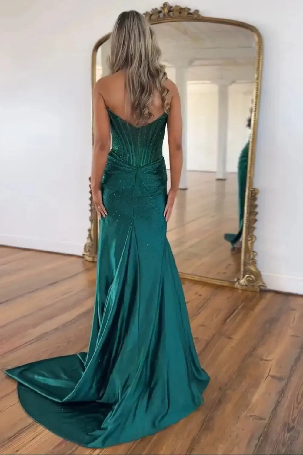 Mermaid Sparkly Golden Sweetheart Beaded Long Corset Prom Dress with Slit