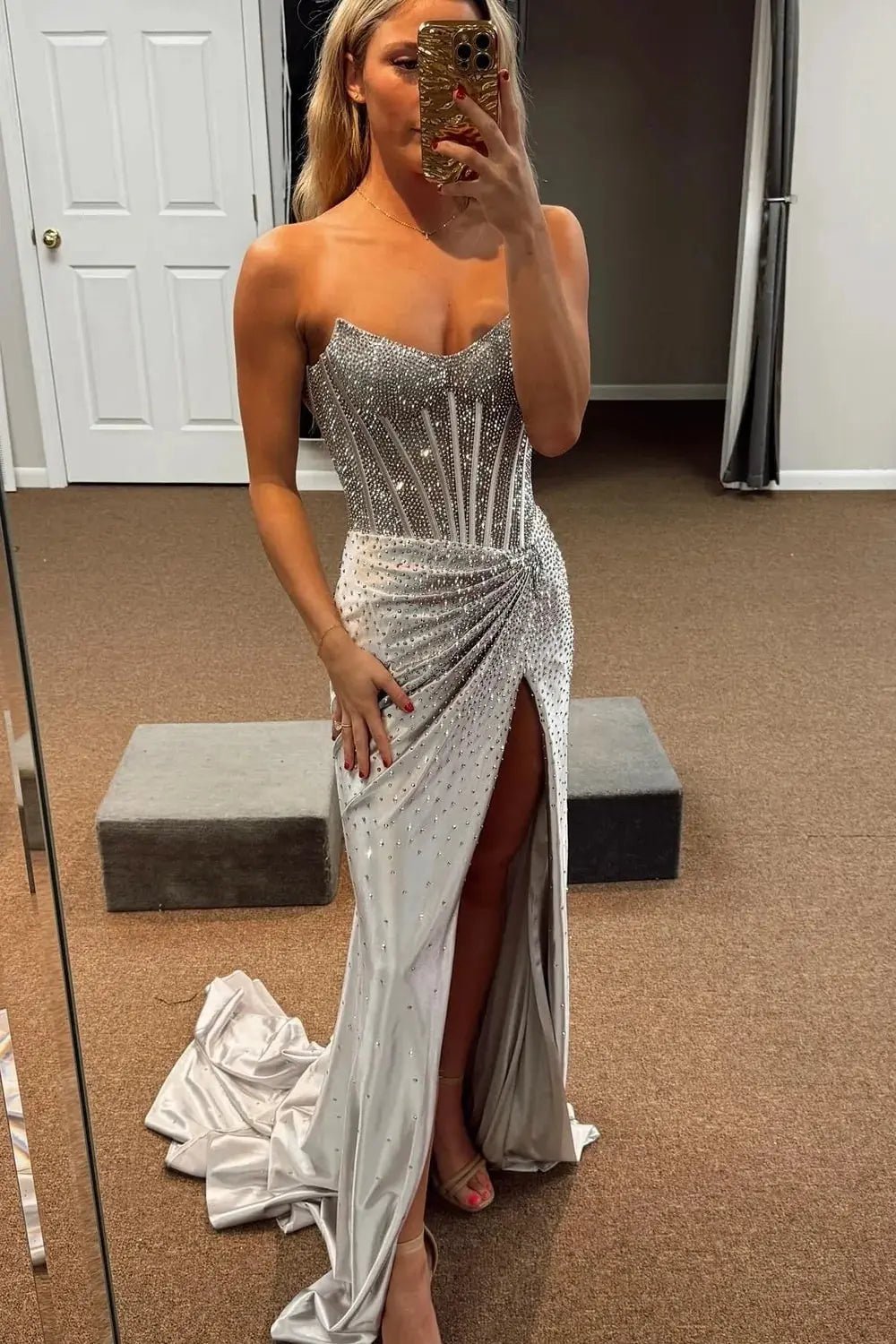Mermaid Sparkly Golden Sweetheart Beaded Long Corset Prom Dress with Slit