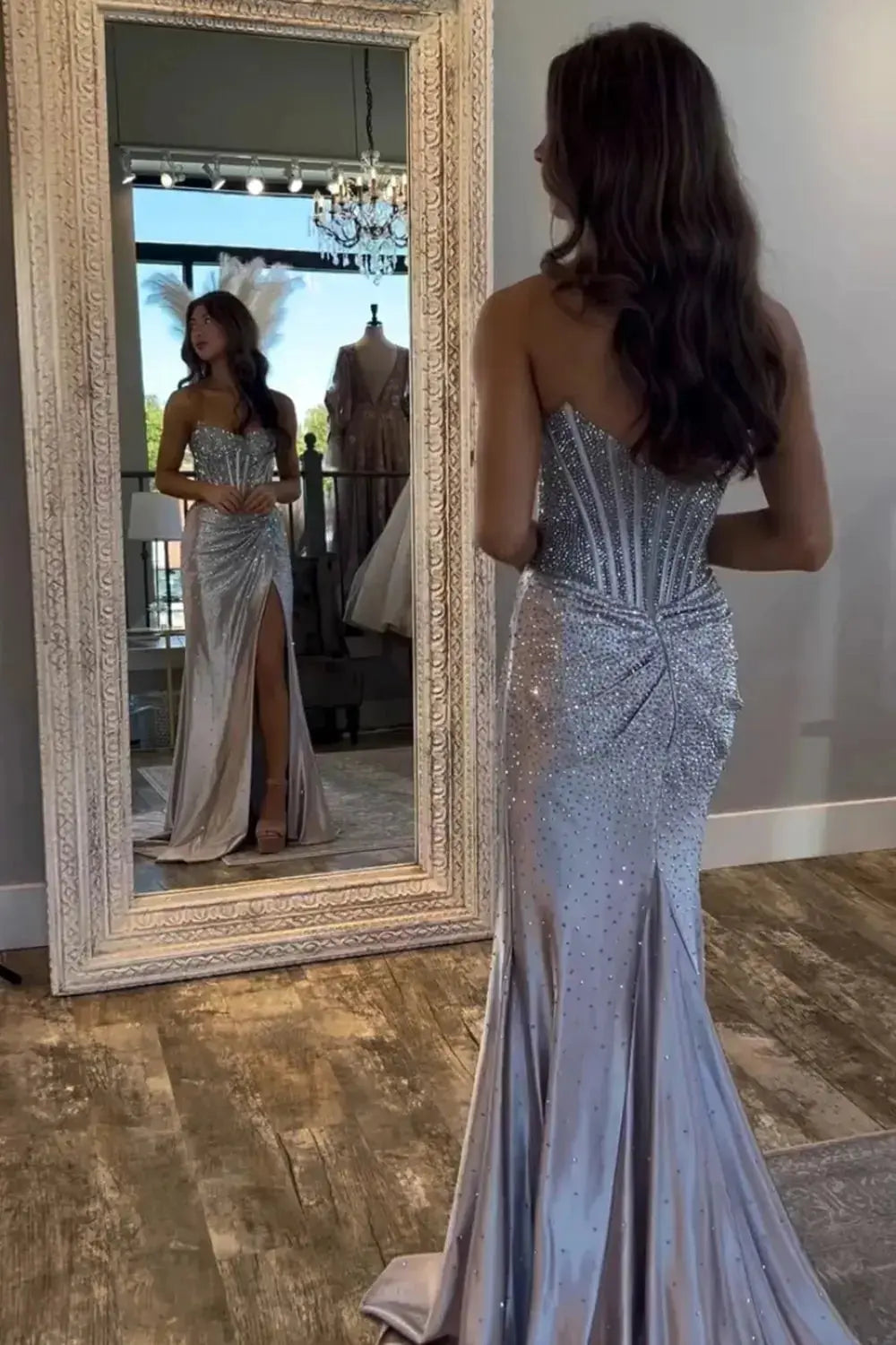 Mermaid Sparkly Golden Sweetheart Beaded Long Corset Prom Dress with Slit