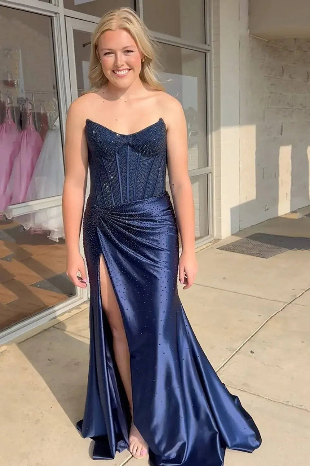 Mermaid Sparkly Golden Sweetheart Beaded Long Corset Prom Dress with Slit