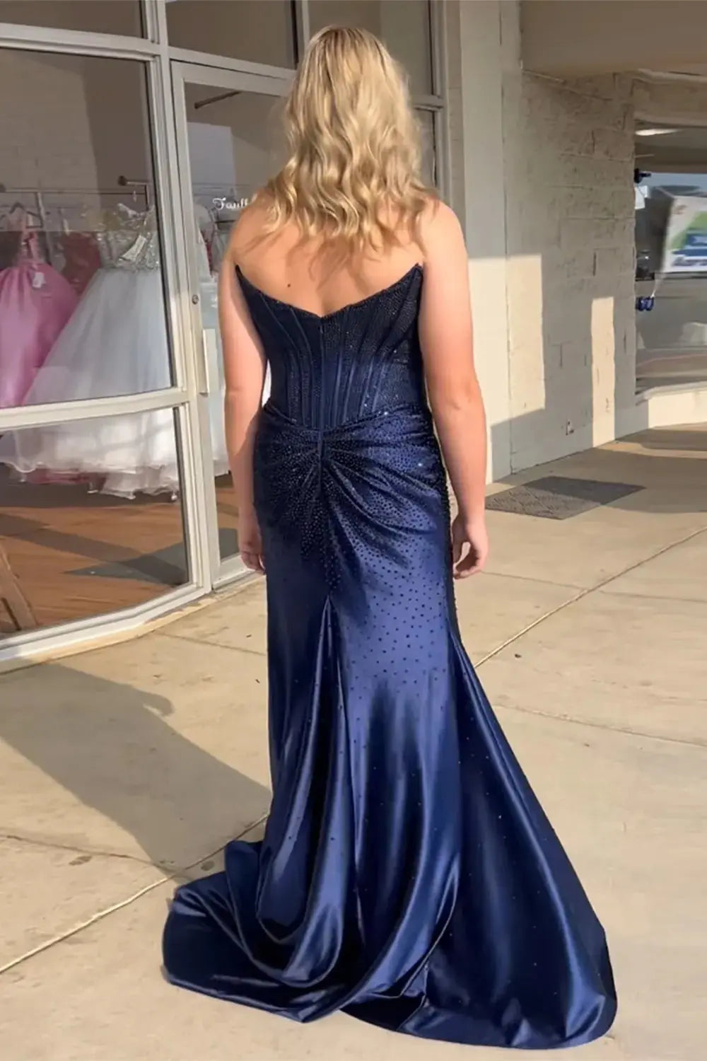 Mermaid Sparkly Golden Sweetheart Beaded Long Corset Prom Dress with Slit
