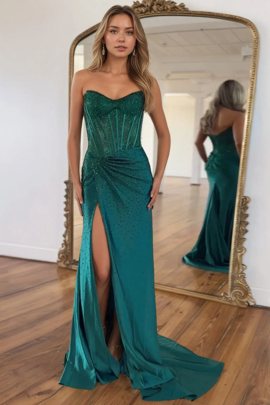 Mermaid Sparkly Golden Sweetheart Beaded Long Corset Prom Dress with Slit
