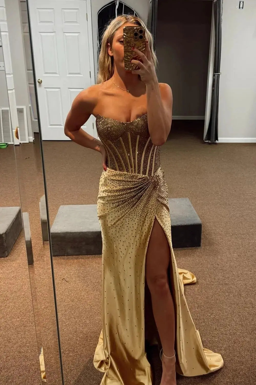 Mermaid Sparkly Golden Sweetheart Beaded Long Corset Prom Dress with Slit