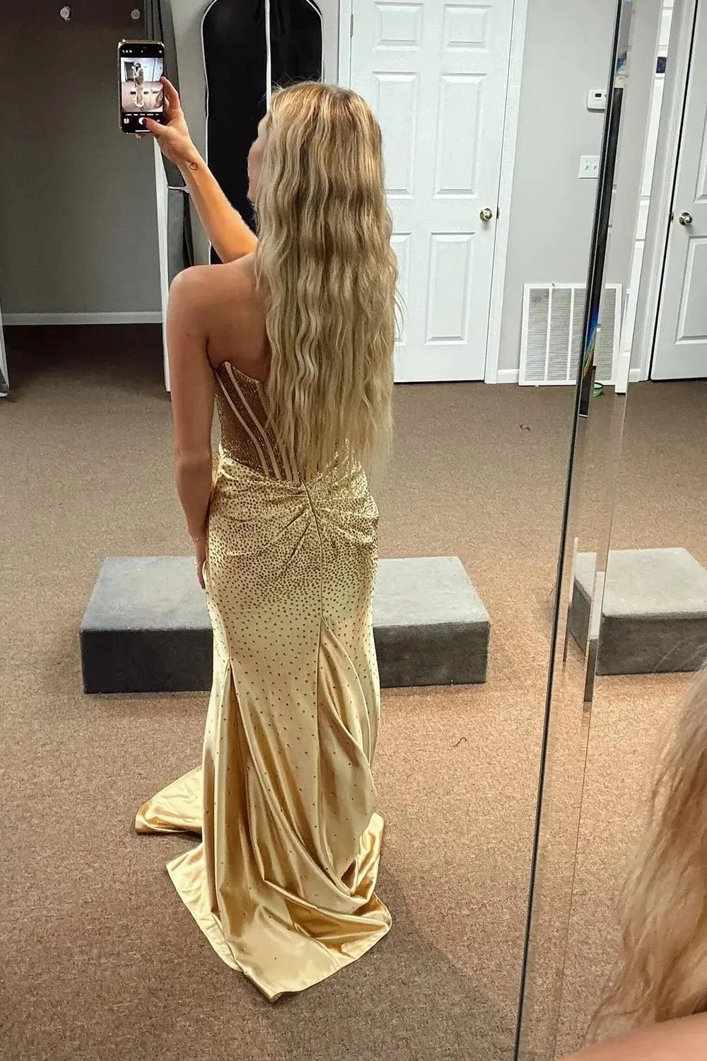 Mermaid Sparkly Golden Sweetheart Beaded Long Corset Prom Dress with Slit