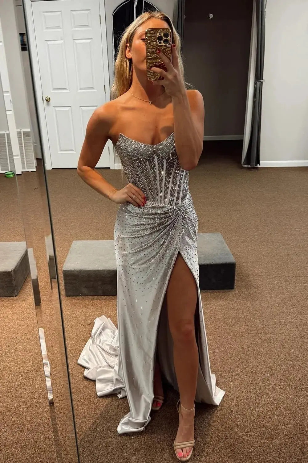 Mermaid Sparkly Golden Sweetheart Beaded Long Corset Prom Dress with Slit