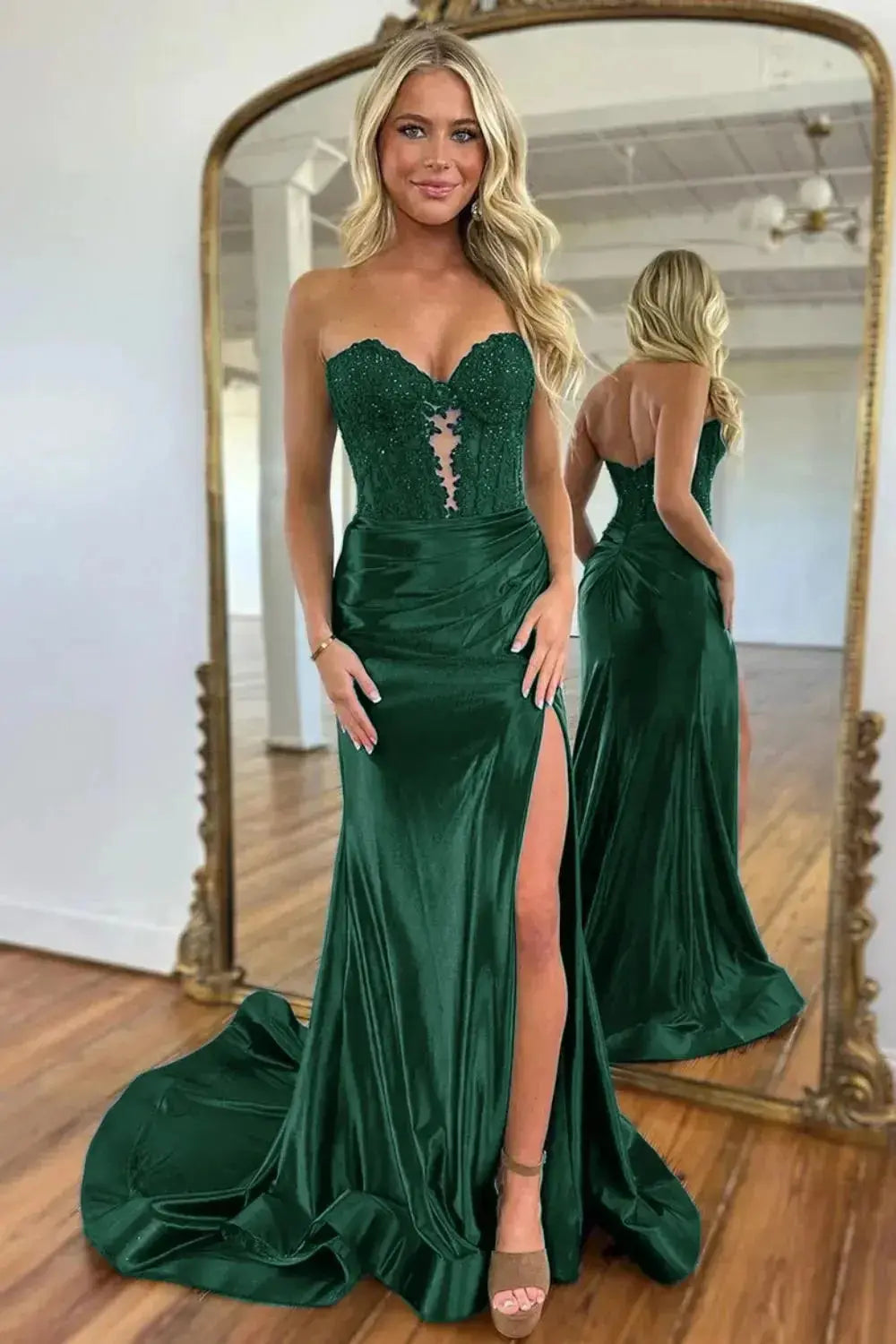 Mermaid  Navy Sweetheart Long Corset Prom Dress with Slit
