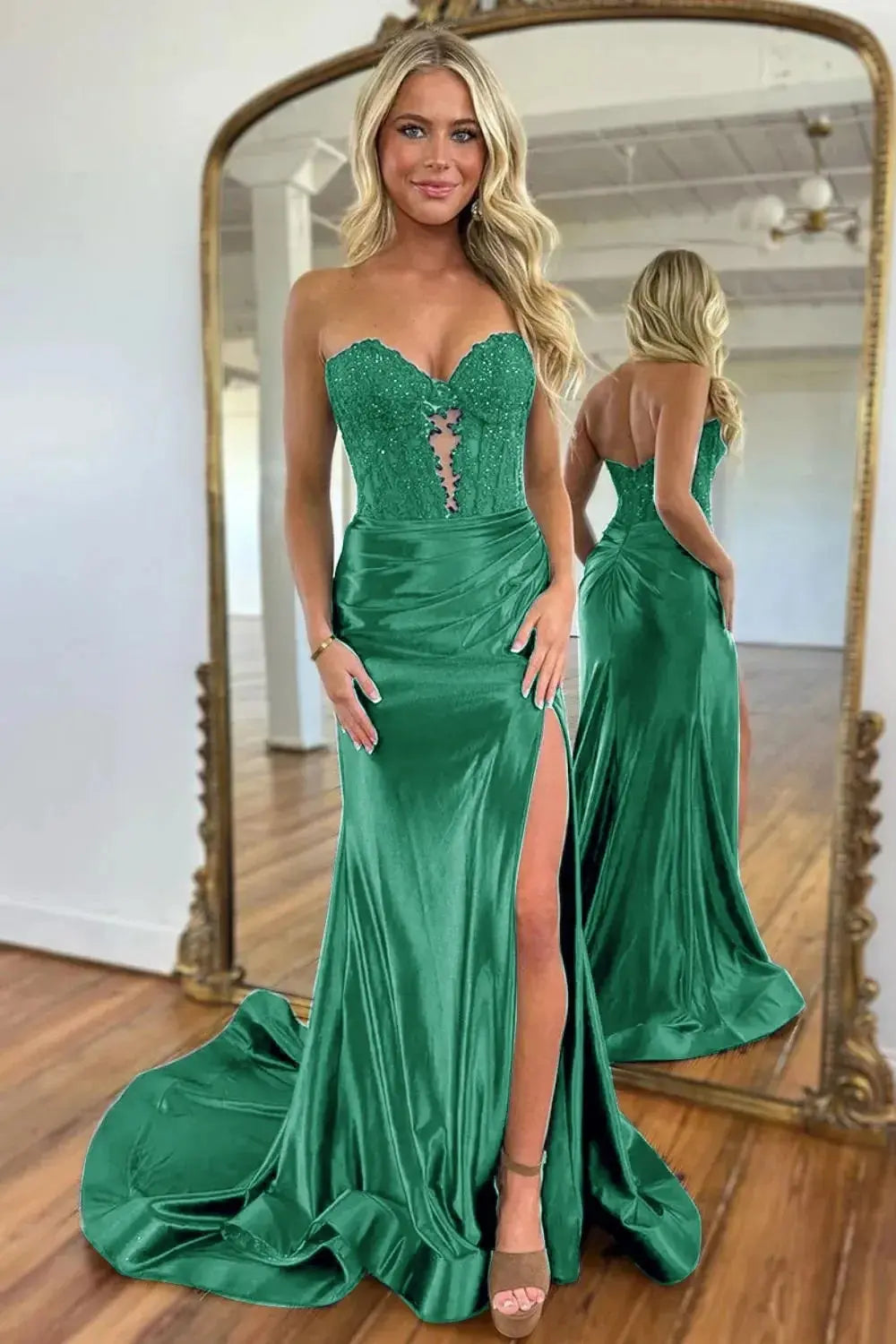 Mermaid  Navy Sweetheart Long Corset Prom Dress with Slit