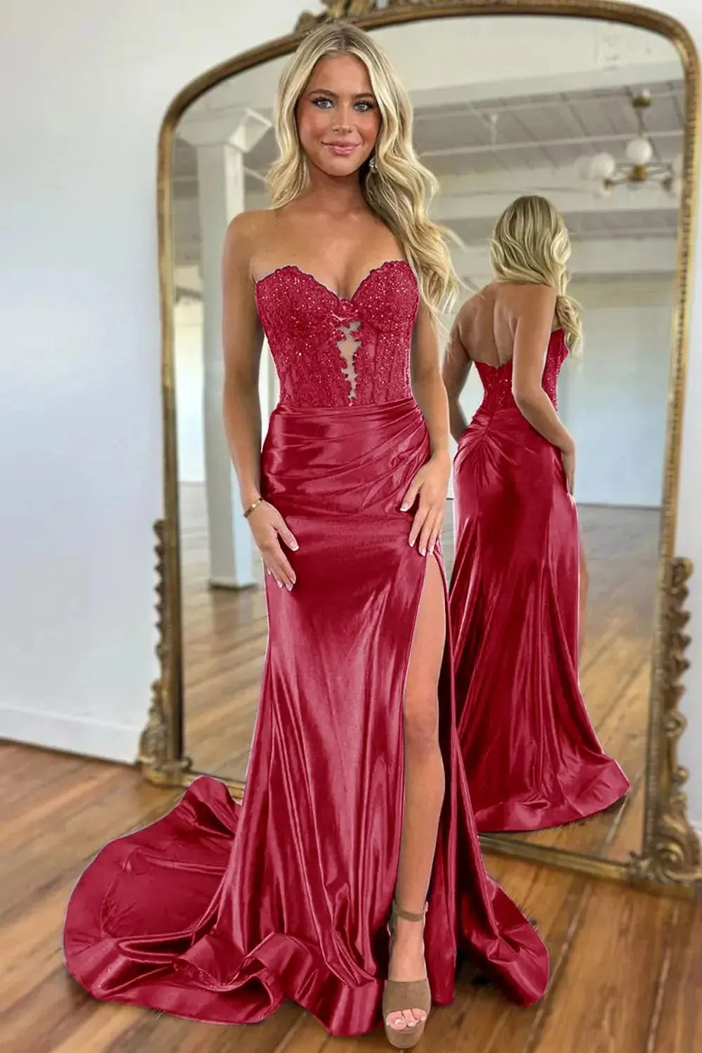 Mermaid  Navy Sweetheart Long Corset Prom Dress with Slit