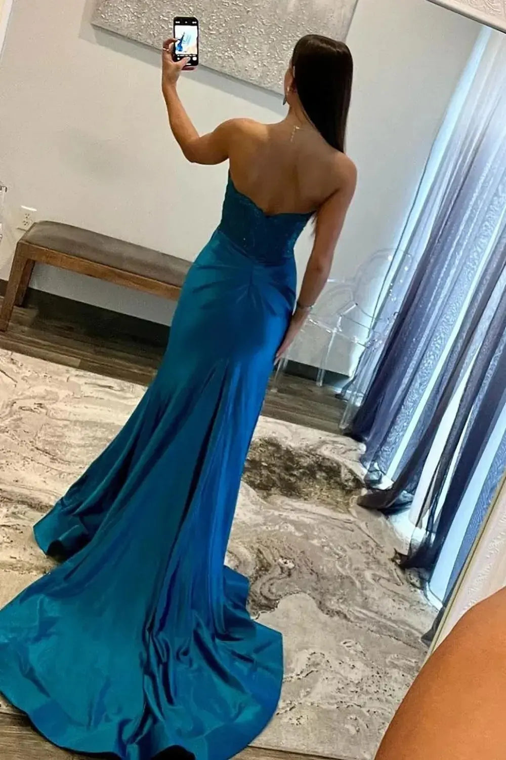 Mermaid  Navy Sweetheart Long Corset Prom Dress with Slit