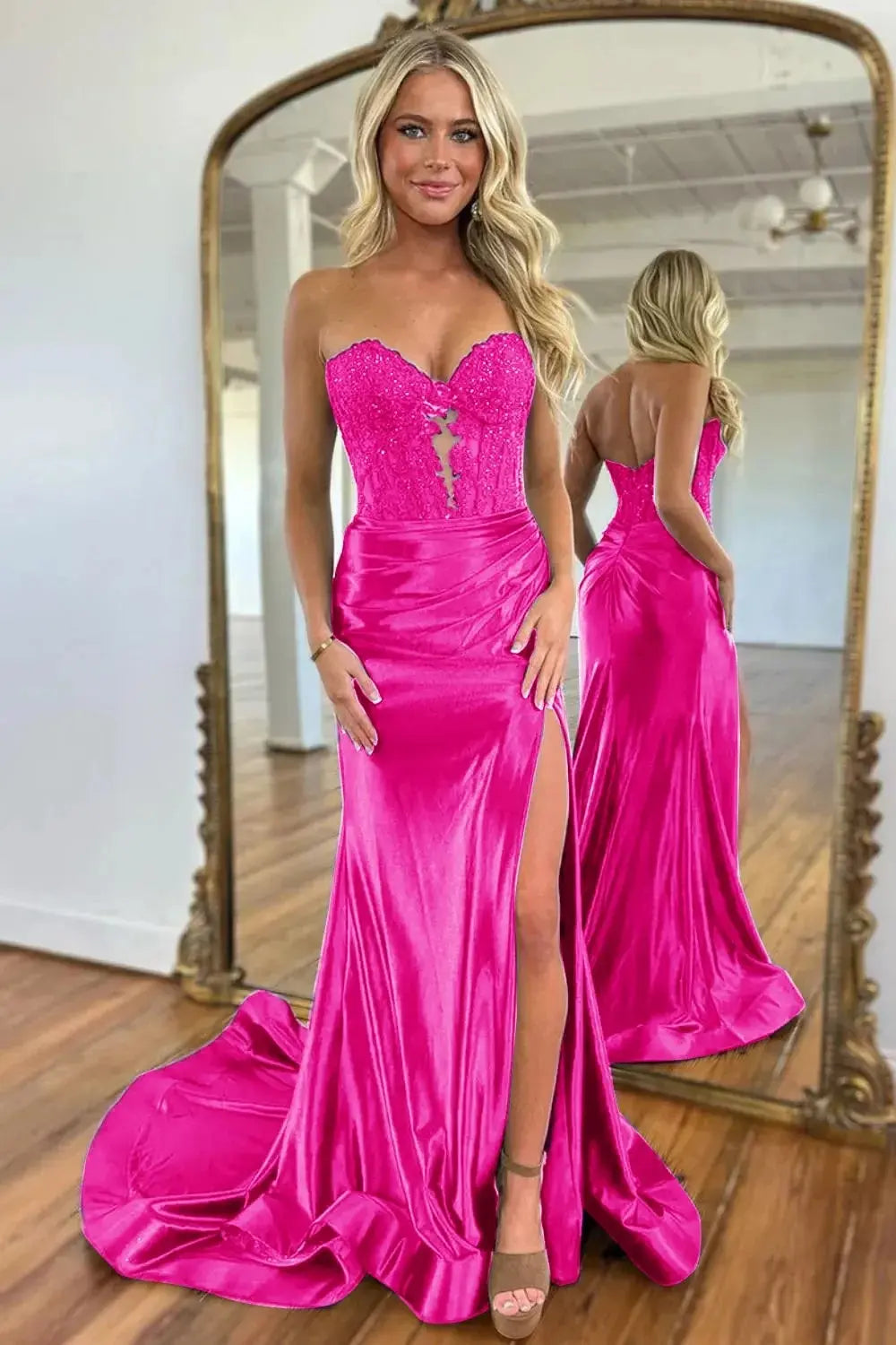 Mermaid  Navy Sweetheart Long Corset Prom Dress with Slit
