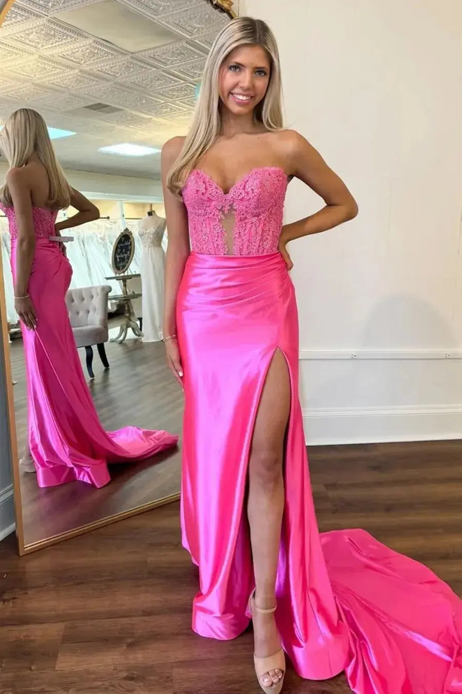 Mermaid  Navy Sweetheart Long Corset Prom Dress with Slit