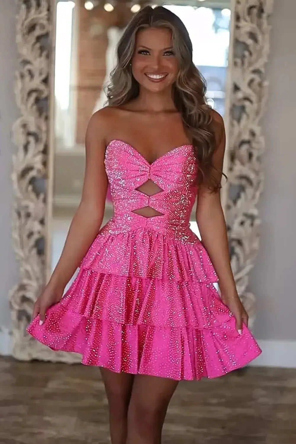 A Line Sparkly Royal Blue Satin Cut Out Tiered Short Homecoming Dress with Beading