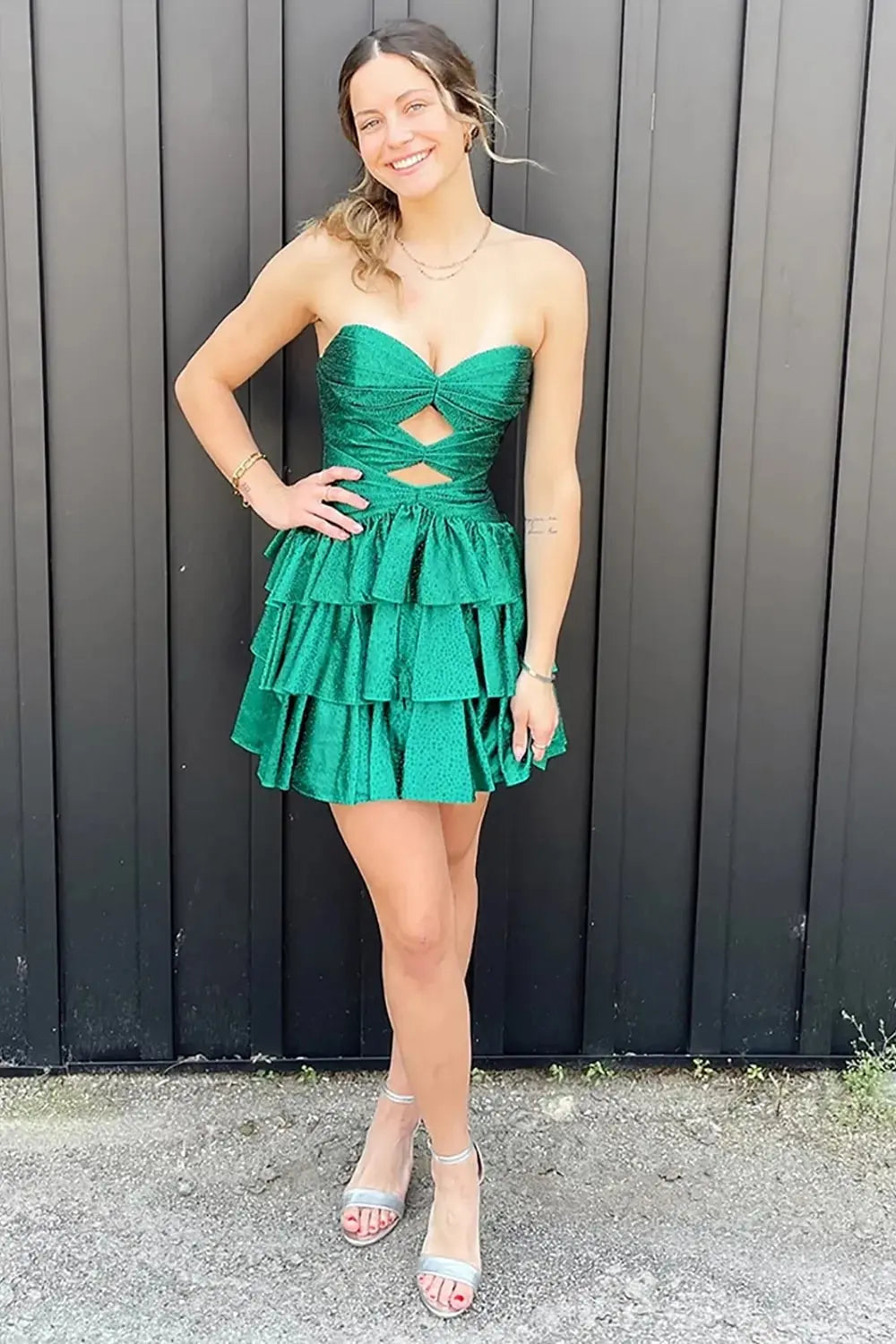 A Line Sparkly Royal Blue Satin Cut Out Tiered Short Homecoming Dress with Beading