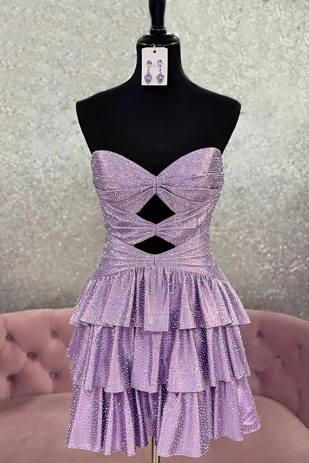A Line Sparkly Royal Blue Satin Cut Out Tiered Short Homecoming Dress with Beading
