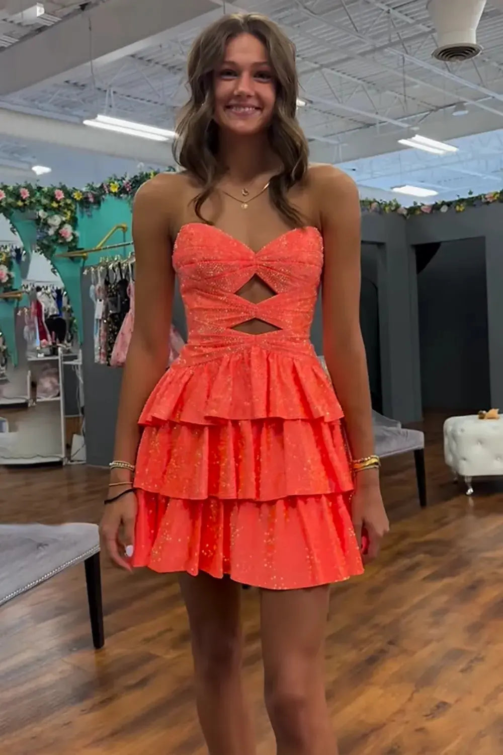 A Line Sparkly Royal Blue Satin Cut Out Tiered Short Homecoming Dress with Beading