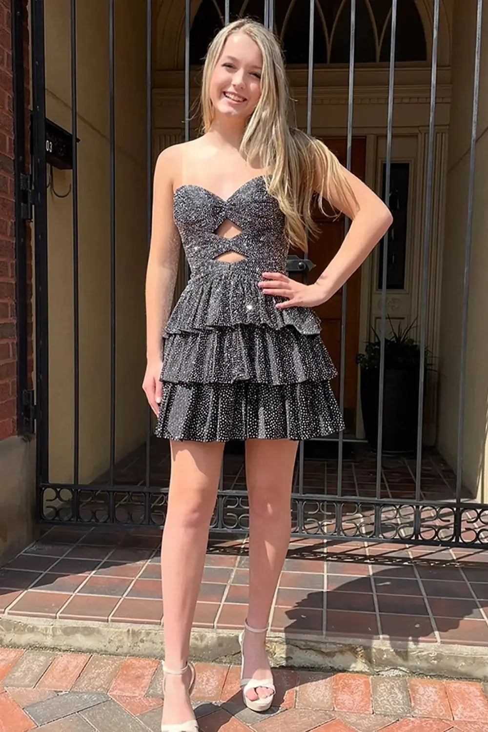 A Line Sparkly Royal Blue Satin Cut Out Tiered Short Homecoming Dress with Beading