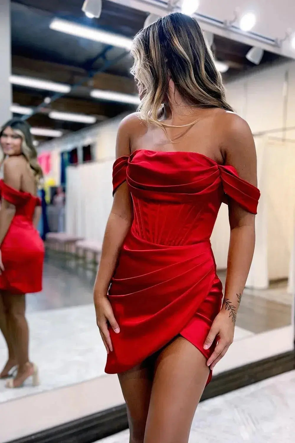 Red Satin Tight Off the Shoulder Short Corset Homecoming Dress