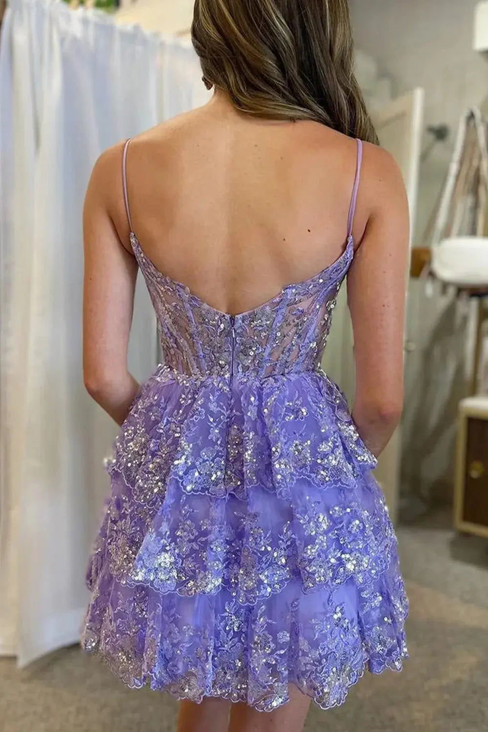 A Line Princess Spaghetti Straps Navy Corset Homecoming Dress with Ruffles