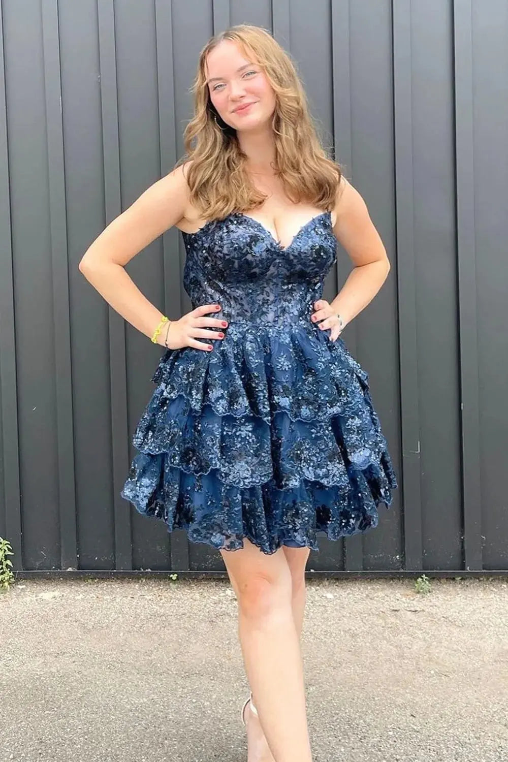 A Line Princess Spaghetti Straps Navy Corset Homecoming Dress with Ruffles