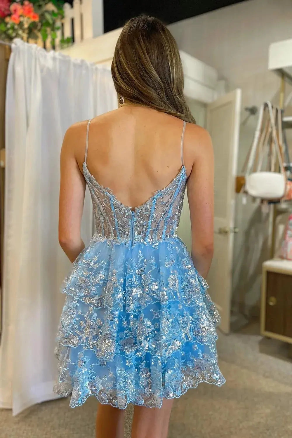 A Line Princess Spaghetti Straps Navy Corset Homecoming Dress with Ruffles
