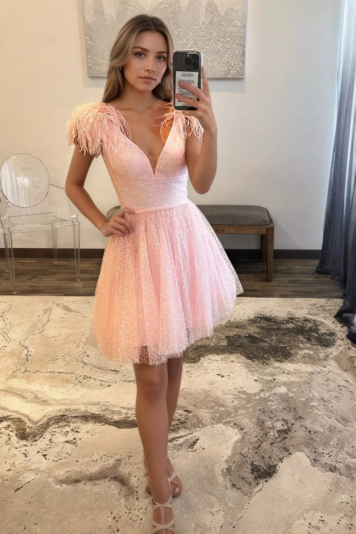 A Line Deep V Neck Light Pink Short Homecoming Dress with Feather