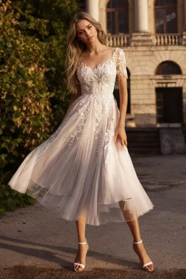 A-line Scoop Short Sleeves Appliques Lace Tea-Length Tulle Wedding Dress
